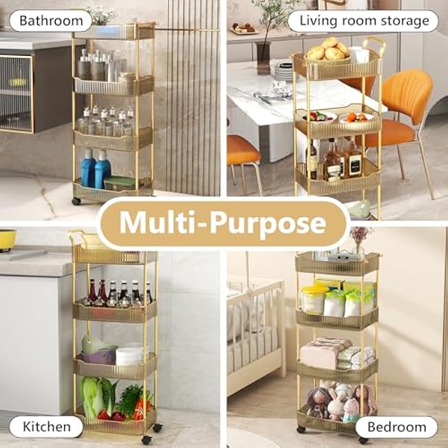 4-Tier Acrylic Rolling Storage Cart, Rolling Utility Cart, Kitchen Storage Cart with Wheels for Bathroom,Living Room, Kithcen, Office Storage and Organization (14''X10''X37'')(Amber)-khnieifA