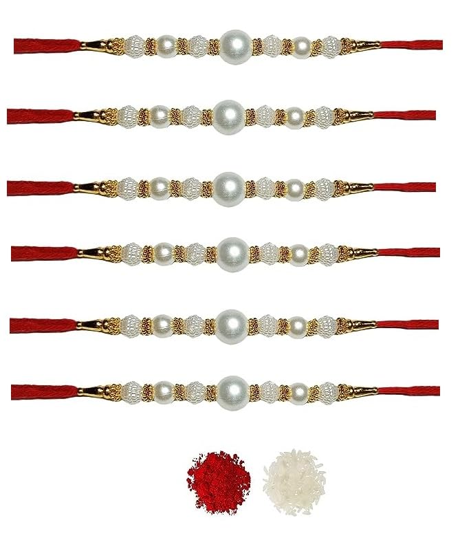 Set Of 6 White Beads Moli Rakhi Thread Kalava Rakhi For Brother ComboFor Bhaiya, Gift For Brother 6 Similar Set For Men Moli-image-13