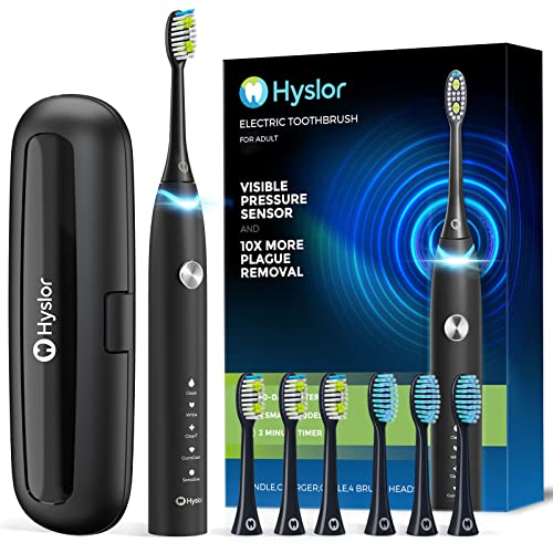 Hyslor Electric Toothbrush For Adults With Pressure Sensor, Rechargeable Sonic Toothbrushes With 6 Brush Heads, Travel Case, 3 Hours Fast Charge For 80 Days, Power Electronic Tooth Brush 5 Modes,Black #TOP11