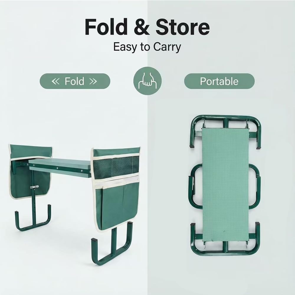 Banc de Genou de Tabouret de Jardin Pliable,Tabouret Genoux Jardin en Hauteur 60x52x27cm,Tabouret à Genoux de Jardinage avec Aide à se Relever,Sac à Outils,Tapis en Mousse Eva,pour le Camping,la Pêche