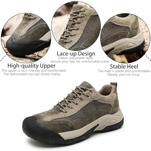 Men's Genuine Leather Waterproof Hiking Shoes Casual Lace Up Comfortable Protective Cap Toe Non-Slip Platform Trekking Sneakers for Outdoor Trailing Camping Walking Shoes3