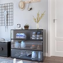 Stackable Sneaker Storage with LED Lights for Up to 9 Pairs of Shoes, 3 Layers Shoe Rack with Thick Glass Door, Clear Shoe Boxes and Wooden Showing Sneaker Case for Space Saving, Black