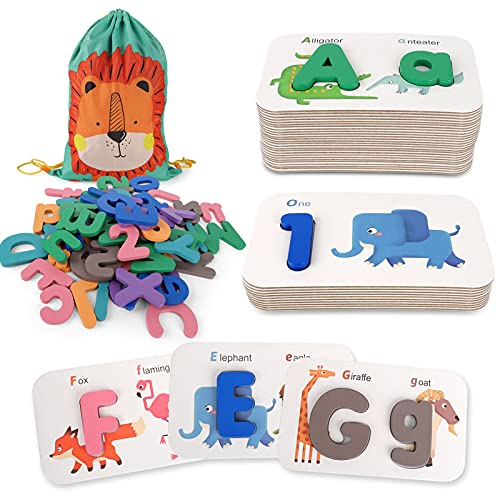 Aomola Alphabets and Numbers Flash Cards for Toddlers,ABC Learning Wooden Letters and Numbers Animal Card,Preschool Learning Montessori Educational Toys Gift for Kids