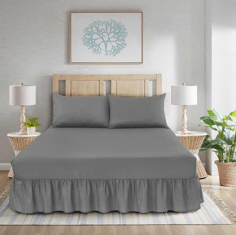 WEAVERS: 3 Pcs Luxurious Plain Frilled Valance Deep Fitted Sheet, Includes Pillowcase Pair. (Size Single Colour Gray)