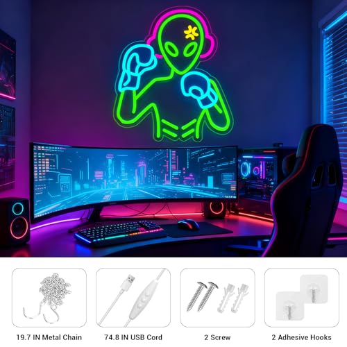 Image of Alien Neon Signs Lights for Wall Decor, Boxing Neon LED Sign for Room and Man Cave Decor, Dimmable Powered LED Signs for Bedroom, Man Cave Party, Birthday Christmas Gift (Boxing Multicolor)