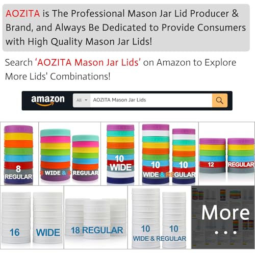 AOZITA 16 Pack Plastic Mason Jar Lids Fits Ball, Kerr & More - 8 Wide Mouth & 8 Regular Mouth - Colored Storage Caps for Canning Jars, Dishwasher Safe & Food Grade & Leakproof