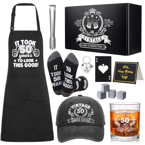 Ovveroche 50th Birthday Gifts for Men Whiskey Glass Set with 11 Oz Glass, Stone, Ice Tong, Bottle Opener, Cap, Apron, Socks, Keychain, Greeting Card, 50th Birthday Party Supplies for Him, Dad, Husband