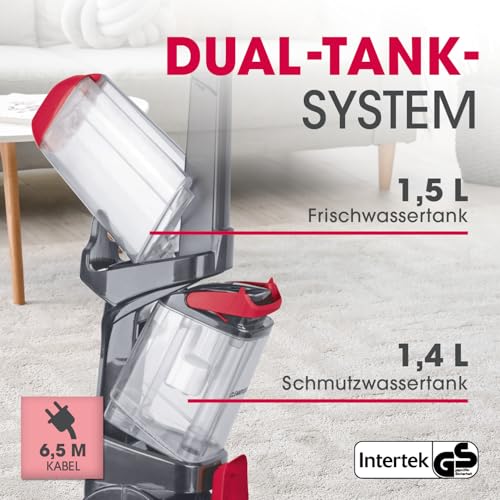 CLEANmaxx Teppichreiniger AquaStream Plus | 3 in 1: waschen, reinigen, absaugen | Nasssauger mit Vibrationsbürsten und Seitenbürsten | Waschsauger mit Polsterdüse, Shampoo und Ersatzbürste