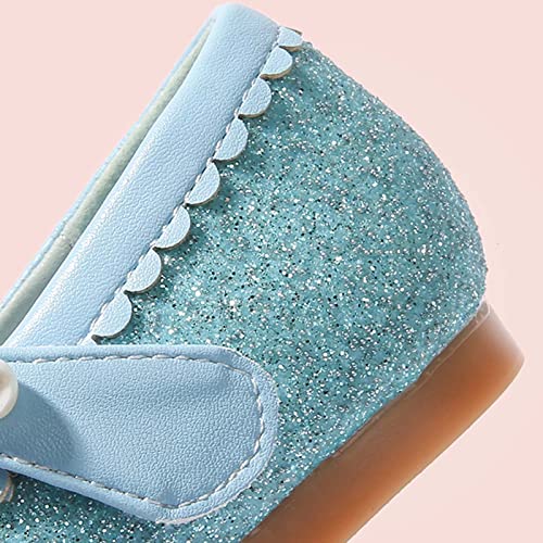 Size 3 Wide Shoes Children's Leather Shoes Female Spring and Autumn Princess Shoes Glitter Pink Blue Flat Single Shoes (Sky Blue, 13.5 Little Child)2