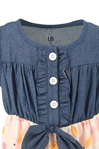 Image of Unique Baby Girls Sleeveless Denim Dress with Knot Tie and Fun Print for Toddler and Big Kids