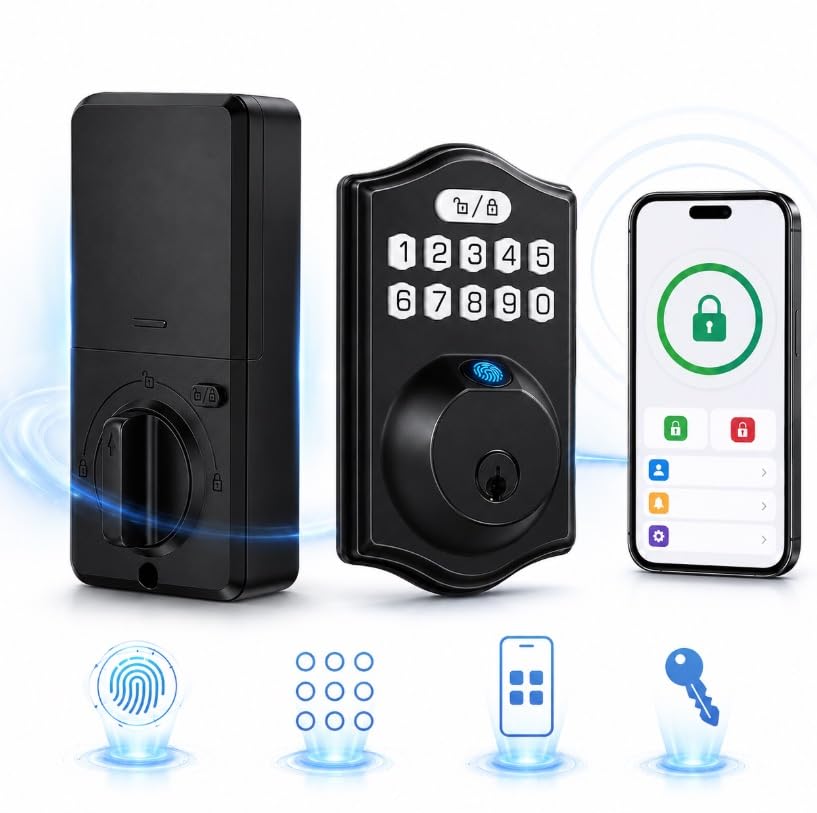 Smart Fingerprint Door Lock – Serratura Bluetooth Keyless Entry con controllo app, codice PIN e chiave di backup, nero esterno/finitura interna nera