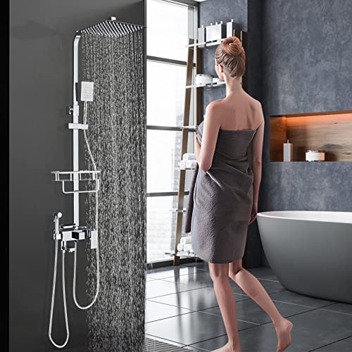 Suguword Duscharmatur Duschsystem Regenduschset Duschset Kopfbrause Duschkopf mit Schlauch Duschstange und Duscharmatur Duschsäule Chrom Cover