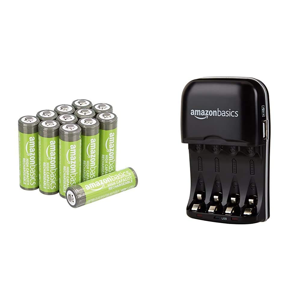 Amazon BasicsAA High-Capacity Rechargeable Batteries 2400mAh (12-Pack) Pre-charged & Ni-MH AA & AAA Battery Charger With USB Port