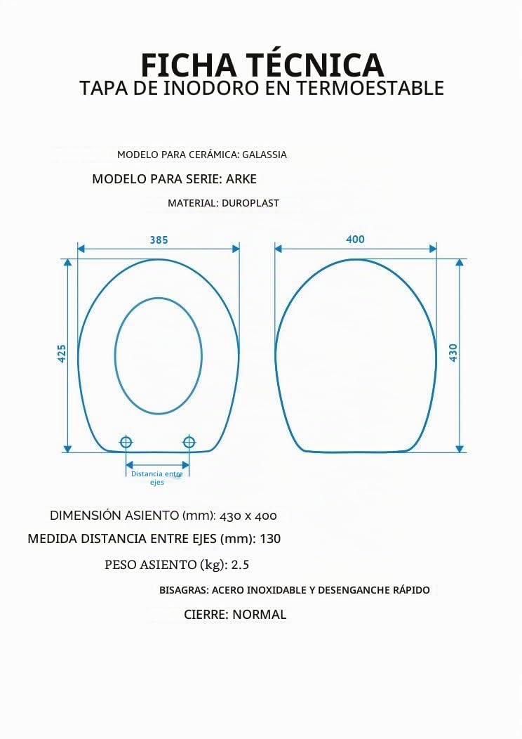 Asiento de inodoro para Arkè Galassia como original, termoendurecible, blanco, bisagra inoxidable normal