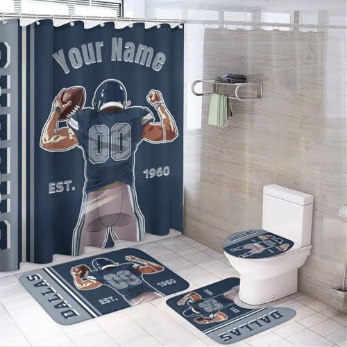 Custom 4PCS Dallas Shower Curtain Set Personalized Name and Number Shower Curtain Set for Bathroom Includes Bath Mat Toilet Cover Mats U-Shaped Mat and Shower Curtains 72 Inch X 72 Inch