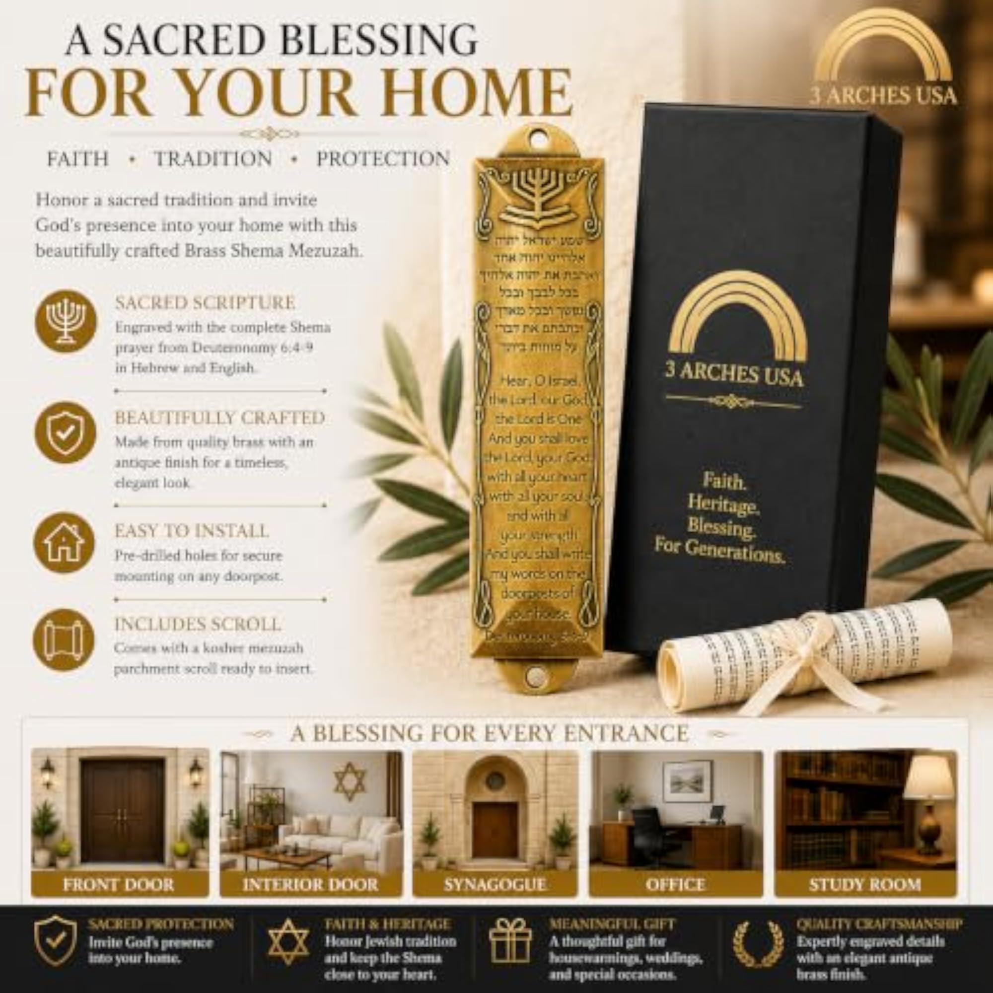 Brass Shema Blessing Mezuzah with Scroll, 5.5 Inches