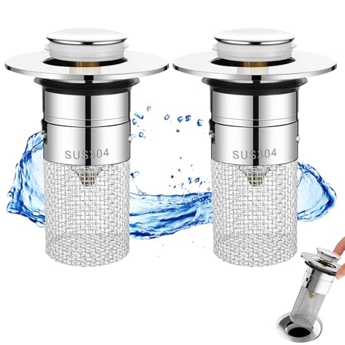 Maxentico Desague Lavabo(2Pcs), Universal Pop Up Tapon Fregadero Cocina, Tapones Bañera para Lavabos, Bronce Tapón con Filtro, para Baño, Lavamanos, Fácil de Instalar, Sin Fugas y Sin Óxido