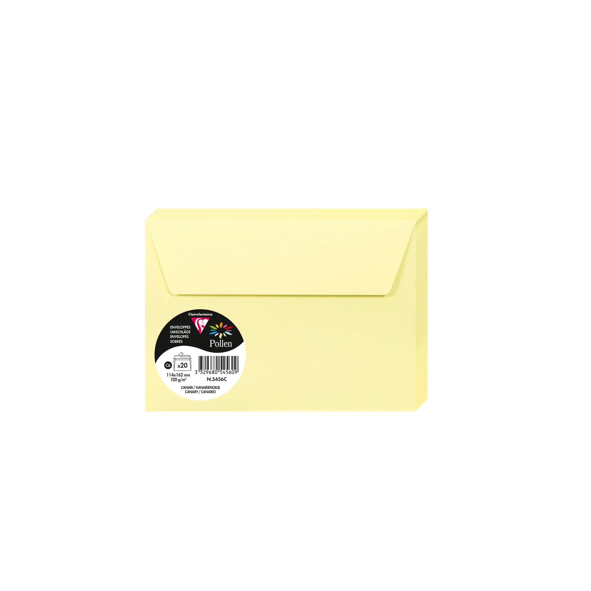 Clairefontaine 5456C Pack of 20 Self-Adhesive Envelopes Format C6 11,4x16,2cm 120gsm Canary Colour Invitation Events Correspondence Pollen Range Premium Paper