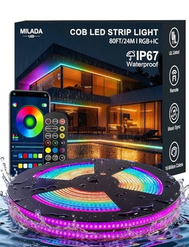 80ft/24m COB LED Strip Lights Outdoor, Smart RGB IC IP67 Waterproof Dimmable Color Changing Tape Light with App Remote Control & Music Sync, for Eave, Patio, Pool & Party Darden Decorations(2 Rolls)