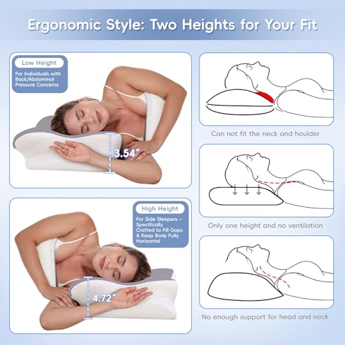 Image of Cervical Neck Pillow, Memory Foam Pillows for Neck & Shoulder Pain Relief, 2 Heights Ergonomic Pillow with Breathable Ice Silk Cover, Neck Support Pillow for Stomach Sleepers Grey
