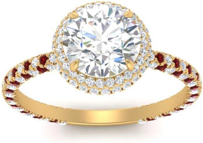 Choose Your Gemstone Round Double Halo French Pave Ring Yellow Gold Plated Round Shape Double Halo Engagement Ring Minimal Modern Design Birthday Gift Wedding Gift US Size 4 to 12