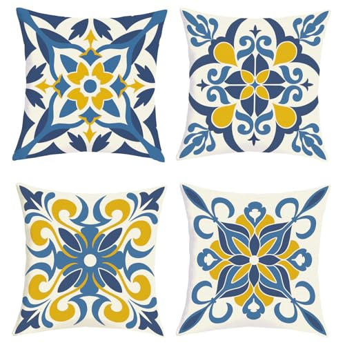 Joymaison Fundas Cojines 45x45 Juego de 4 Funda de Almohada Flor Azul Mediterráneo Cojines Fundas Floral Geométrico Marroquí Mandala Cojine Decorativas para Sofá Salón Silla