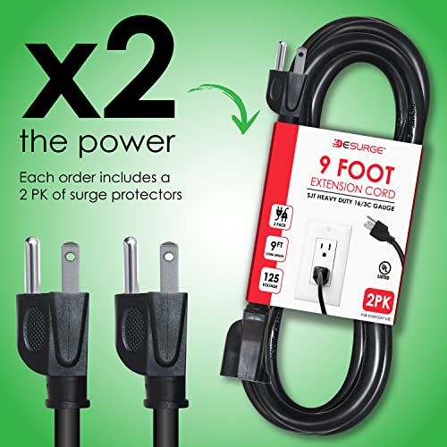 Digital Energy 3 Prong 9 Foot Long Indoor Outdoor Extension Cords 2 Pack - 9Ft Black Heavy Duty Grounded Power Cords, Ul Listed #TOP6