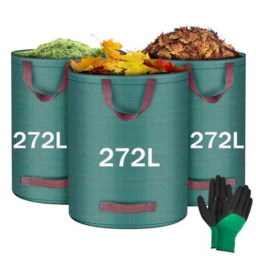 Flintronic 3Pcs 272L Heavy Duty Garden Bags,Reusable Gardens Sacks with 1 Pair of Work Gloves,Green Waste Sack with Handles