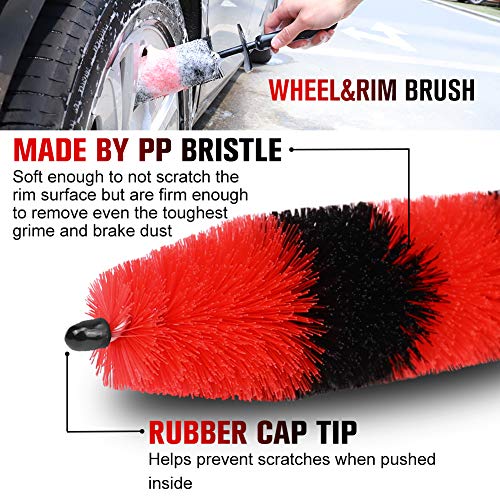 Wheel Brush, Easy Reach Rim Tire Cleaner Brush 16.5’’ Long Soft Bristle, Car Detailing Brush, Multipurpose use for cleaning Wheels Rims Exhaust Tips Vehicle Engine Motorcycles Bike, No Scratches
