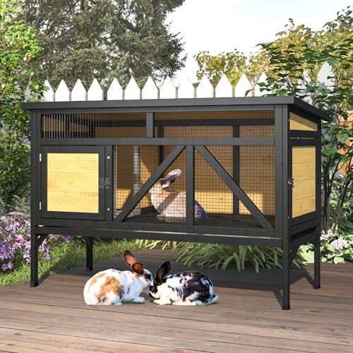TIMHAKA 46.7' Elevated Rabbit Cage - Indoor & Outdoor Rabbit Hutch, Bunny Cage for Guinea Pig, Wooden Design with Removable Tray, Waterproof Asphalt Roof & Bottom Wire Mesh for Small-Medium Animals
