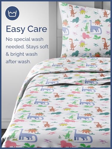 Image of Kids Queen Size Dinosaurs Bed Sheets - 4 Piece Kids Dinosaurs Sheet Set | Dinosaurs Themed Bedding, Ultra-Soft, Cute & Cozy, Breathable & Machine Washable, Bed Set for Boys, Girls & Teens, Breathable