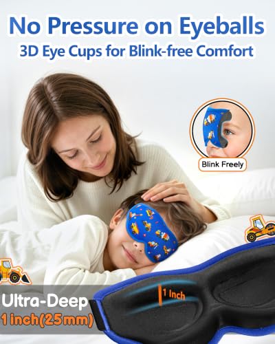 BeeVines Kids 3D Contoured Sleep Mask, 100% Blackout Sleeping Eye Masks for Boys, Pressure-Free Memory Foam Cushioned Eye Cover, Adjustable Strap, for Travel Gifts (Construction Vehicles) — view 3