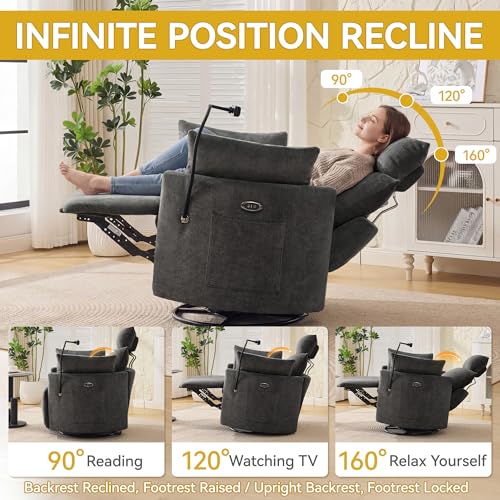 Image of Power Recliner Chairs, 360 Swivel Rocking Chair Nursery with USB /Type-C & Phone Holder, Gilder Reclining Chair with Side Pocket for Adults, Barrel Recliners for Living Room, Chenille Dark Grey