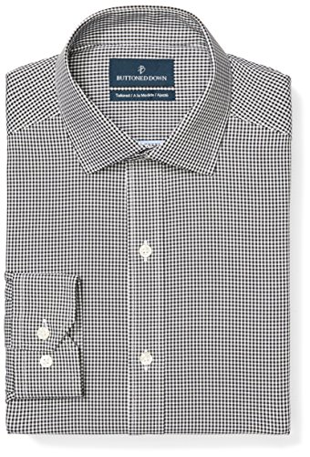 BUTTONED DOWN Men's Tailored Fit Button-Collar Pattern Non-Iron Dress Shirt, Black Gingham, 17