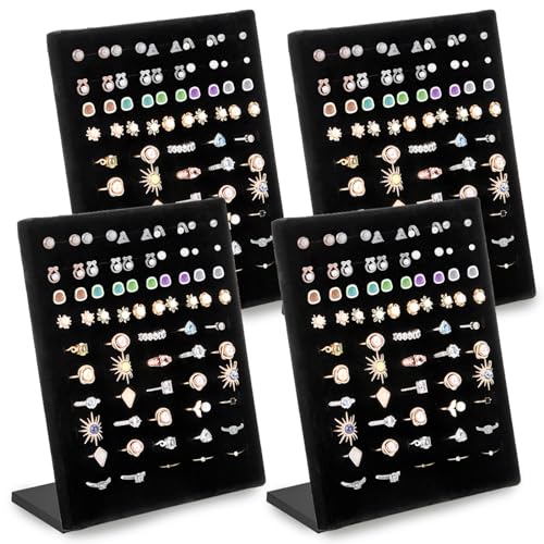 Hiceeden 4 Pack Velvet Ring Display Stand, 50 Slots Ring Organizer Jewelry Display Tray, L-Shaped Ring Holder Display for Selling Earrings Rings, Black