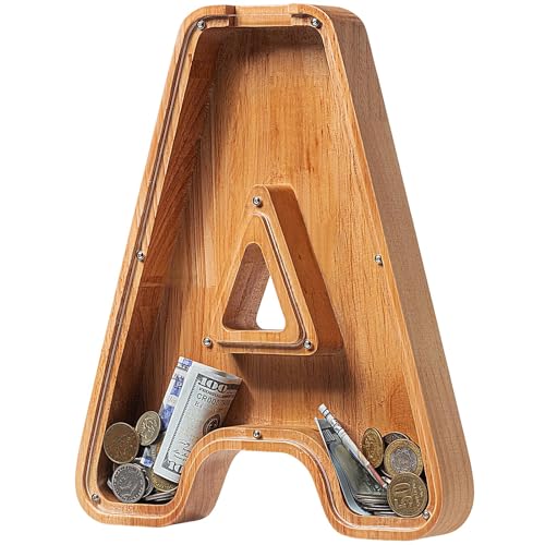 Image of Piggy Bank for Kids, Boys, Girls, Large Personalized Wooden Letter Piggy Bank with Cut Out Design, Alphabet Letter Coin Banks, Money Savings Box, Wooden Bench for Kids Creative