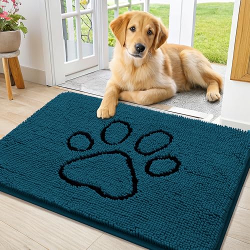 Image of Smiry Dog Door Mat for Muddy Paws, Absorbent Dirt Trapper Non Slip Quick Dry Washable Chenille Mat for Mud Dogs, Entry Rug for Indoor and Outdoor (36x24 Inches, Atlantic Blue and Black)