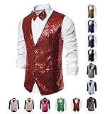 Baestappy Men's Shiny Sequins V-Neck Dress Vest with Bowtie & Brooch - Formal & Semi - Formal Prom Party Tuxedo