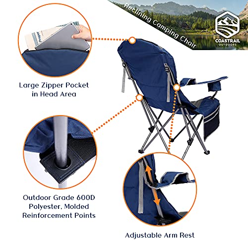 Coastrail Outdoor Reclining Camping Chair 3 Position Folding Lawn Chair For Adults Padded Comfort Camp Chair With Cup Holders, Head Bag And Side Pockets, Supports 350Lbs, Blue&Grey #TOP3