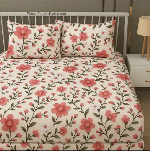 Image of RUMPS 380 TC Premium Heavy Cotton 7D Print Fast Colour Feel Elastic Fitted Floral Bedsheet King Size with 2 Pillow Covers || (red Flower with White, Fitted - 72 inchx78 inch King)