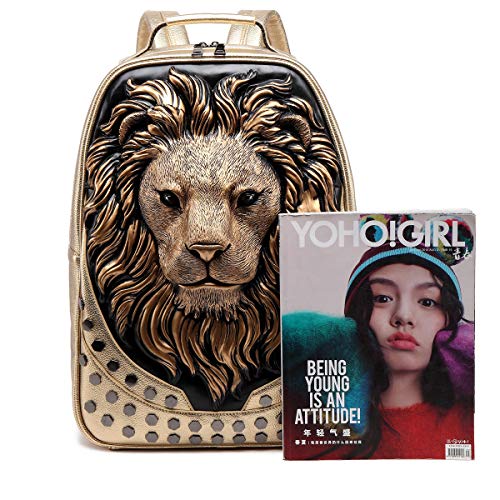 Guqimei Mens 3D Lion Pu Emboss Rivet Punk Backpack Rock Personality Laptop Bag Creative Travel Leisure, Gold, One Size #TOP2