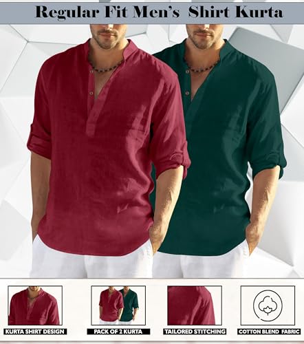 Image of Zombom Men's Combo Cotton Polyester Blend Solid Full Sleeve Straight Regular Fit Mandarin /Chinese Collor Kurta (Pack of 2)