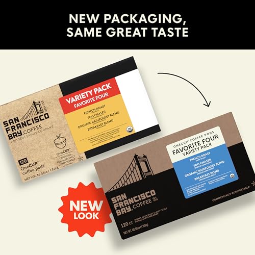 Image of San Francisco Bay K-Cup Coffee Pods Favorite Four Variety Pack (120 ct), Includes French Roast, Fog Chaser, Organic Rainforest, & Breakfast Blend, Commercially Compostable Single-Serve Coffee Pods