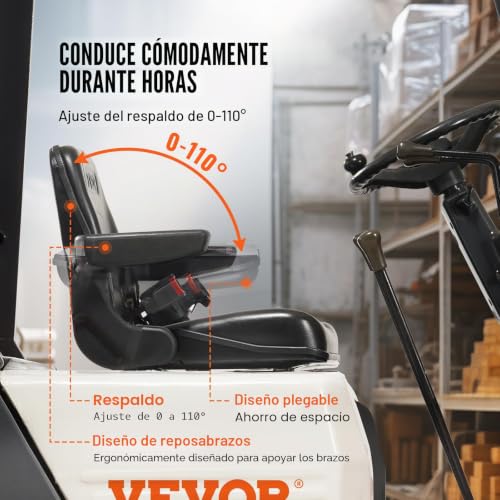 Miniatura 3 de Vevor Asiento De Carretilla Elevadora Universal Asiento De Tractor Plegable Respaldo De Ángulo Ajustable Micro Interruptor Cinturón De Seguridad Reposabrazos Ranura Extendida 160-340mm Para Excavadora