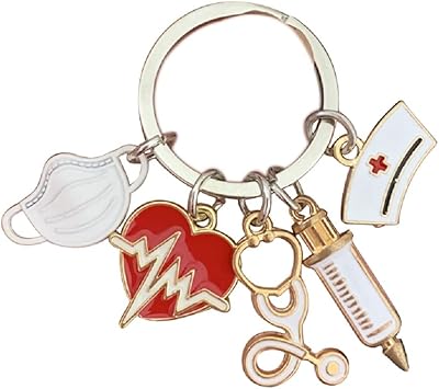 Caiyao Nurse Doctor Keychain 5 charm Registered Nurse Graduation Gifts Mask Medical Tool Key Ring Injection Syringe Stethoscope Nurse Cap Practitioner Appreciation Gift/white