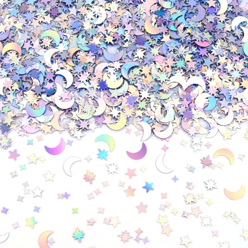 Image of 4000 PCS Star and Moon Confetti Glitter, Holographic Metallic Foil Stars Moon Glitter, Sequin Galaxy Iridescent Table Scatter for Wedding, Festival Party, DIY, Unicorn Theme, Birthday (10 mm, 6 mm)