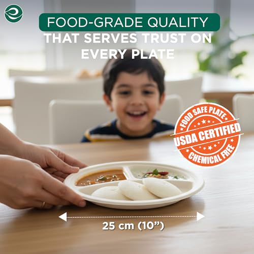 Image of Eco Soul | Round 3 Compartment Bagasse Plates | 10 Inch - Pack of 50 | Disposable Plates Big Size | Beige Eco-Friendly Compostable Sugarcane Plates | Sturdy, Heat-Safe & Plastic-Free Tableware