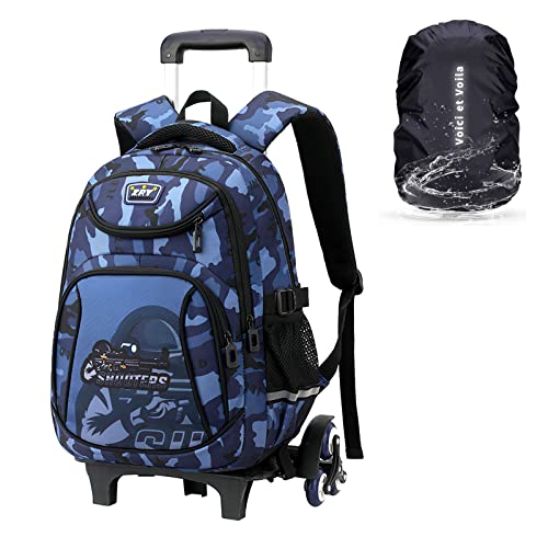 Schulrucksack mit Rollen Jungen Schulranzen mit Rollen Kinder Jungen Wanderrucksack Schultasche Trolley Kinder Grundschule Teens Rucksack mit Rollen Jungen Tarnung Blau 31x18x43cm
