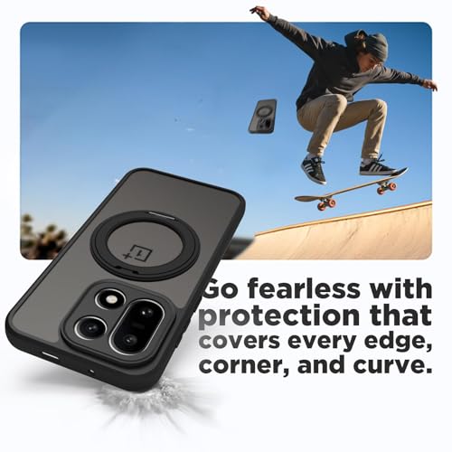 Image of RIGGEAR Shockproof Sleek Hybrid Armor 360 Rotating Magnetic Ring Stand Back Cover Case Compatible with MagSafe Accessories for OnePlus 15 5G (Smoke Matte Black PC + Black TPU Bumper)
