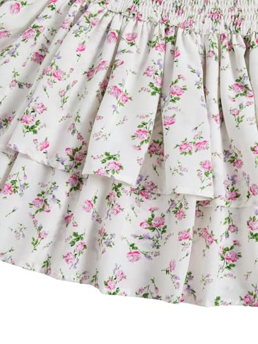 Image of RoseSeek Girl's 2 Piece Outfits Lace Ruched Camisole Tops and Shirred High Waisted Layered Floral Skirts Set